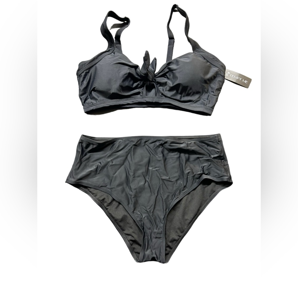 TEMPT ME womens push up Front Tie Knot retro high waist black bikini set NWT